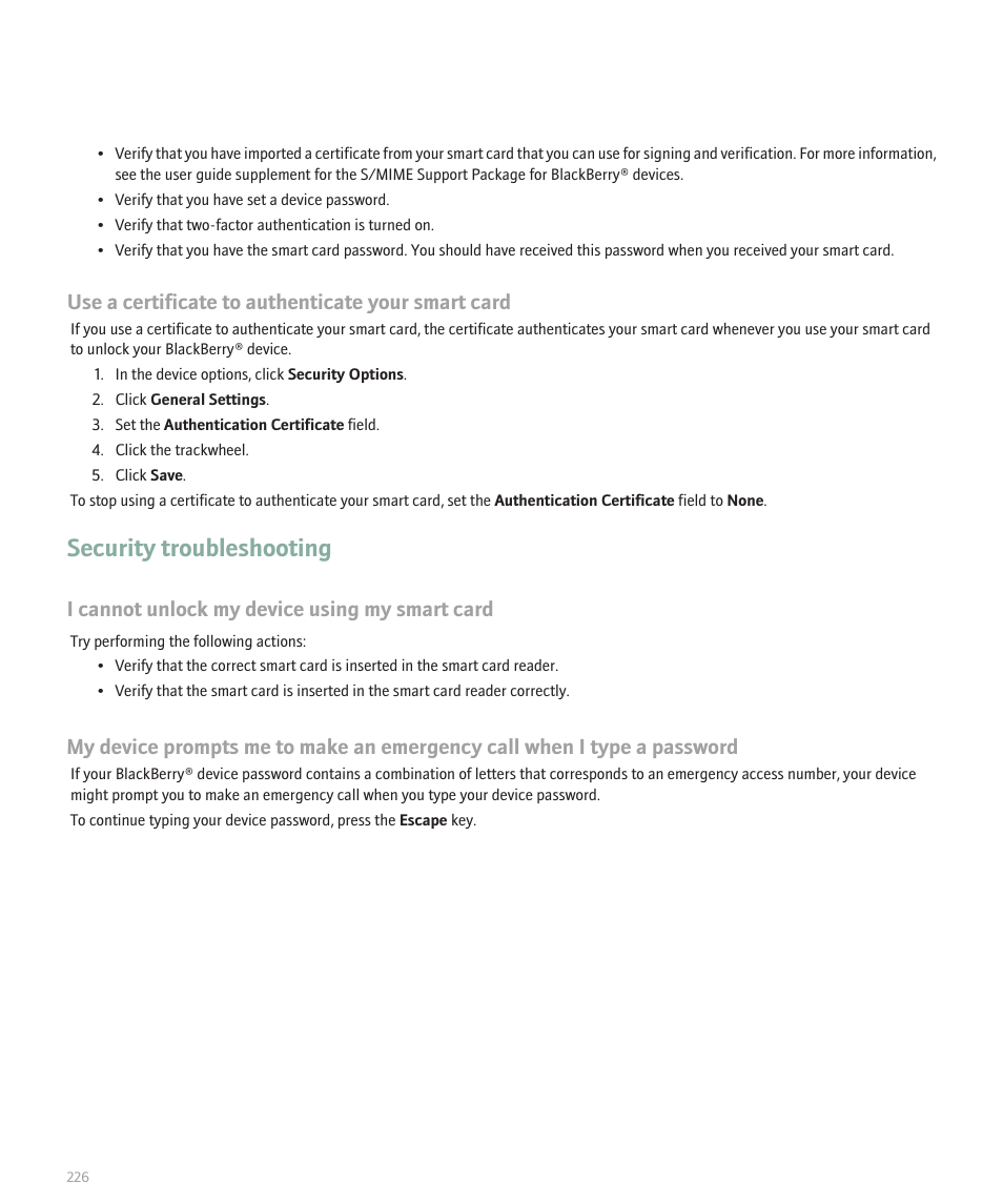 Security troubleshooting, Use a certificate to authenticate your smart card, I cannot unlock my device using my smart card | Blackberry 8707 User Manual | Page 228 / 323