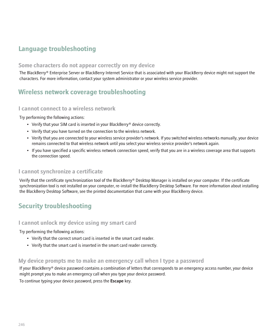 Language troubleshooting, Wireless network coverage troubleshooting, Security troubleshooting | Blackberry 8707 User Manual | Page 248 / 323