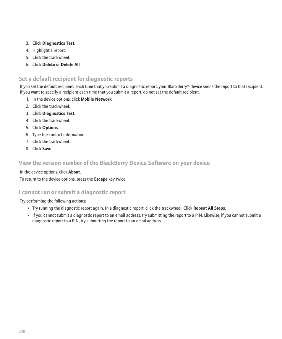 Set a default recipient for diagnostic reports, I cannot run or submit a diagnostic report | Blackberry 8707 User Manual | Page 250 / 323