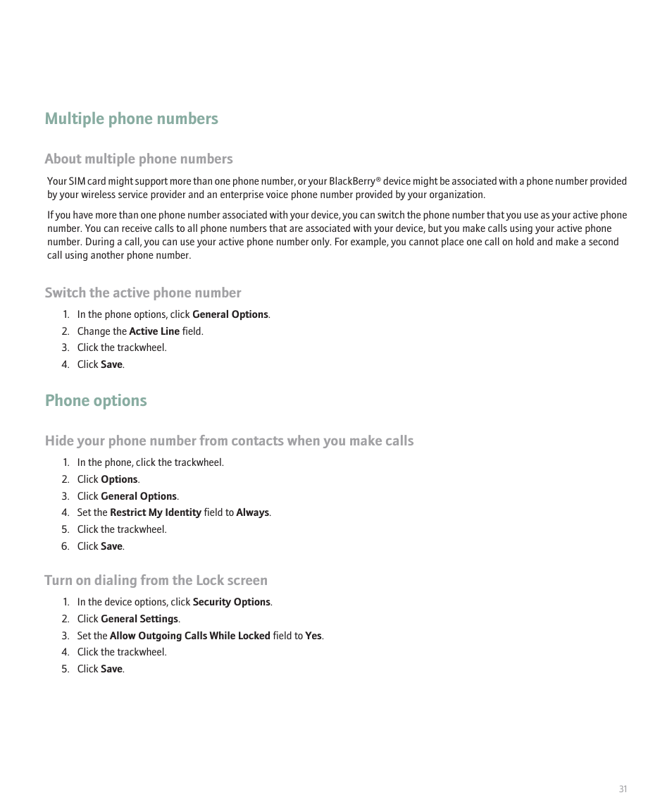 Multiple phone numbers, Phone options, About multiple phone numbers | Switch the active phone number, Turn on dialing from the lock screen | Blackberry 8707 User Manual | Page 33 / 323