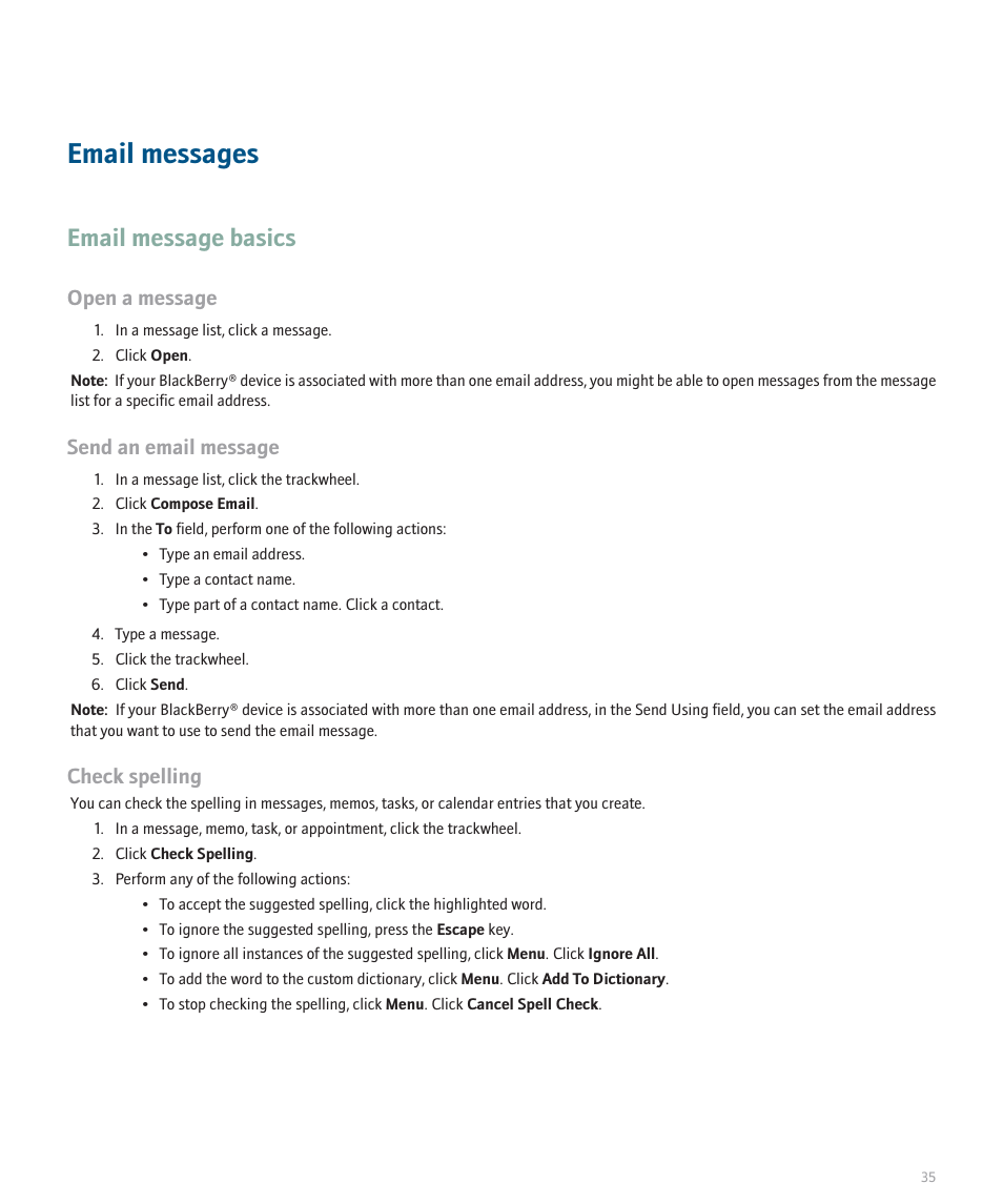 Email messages, Email message basics, Open a message | Send an email message, Check spelling | Blackberry 8707 User Manual | Page 37 / 323