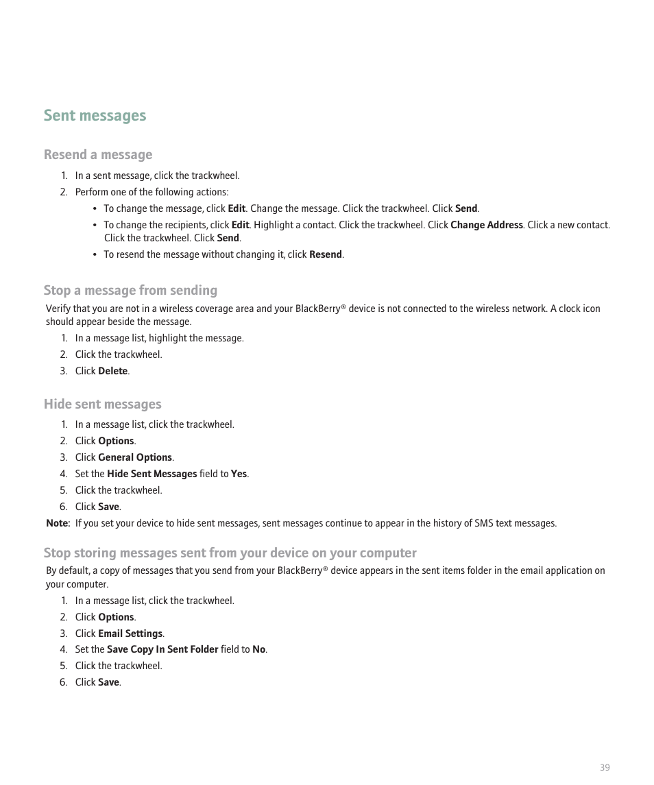 Sent messages, Resend a message, Stop a message from sending | Hide sent messages | Blackberry 8707 User Manual | Page 41 / 323