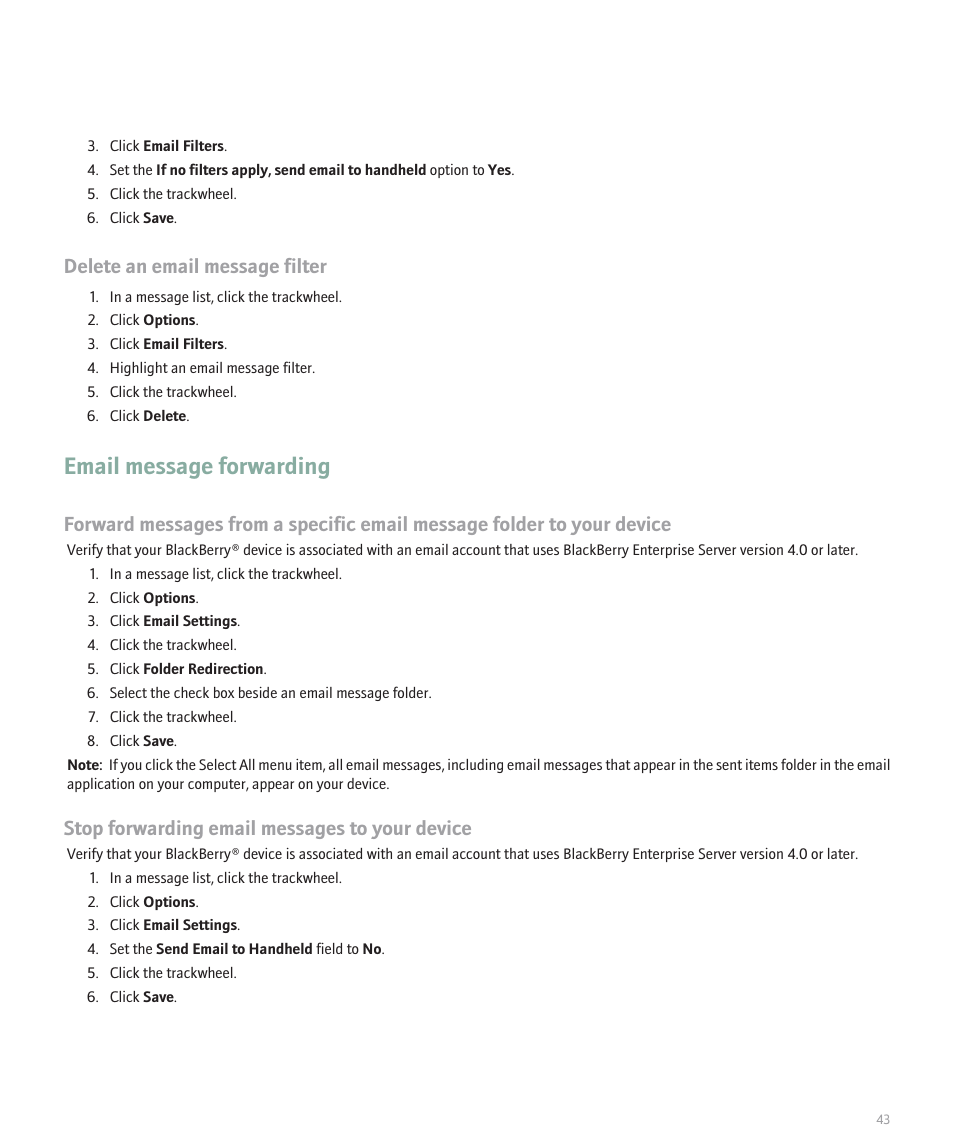 Email message forwarding, Delete an email message filter, Stop forwarding email messages to your device | Blackberry 8707 User Manual | Page 45 / 323