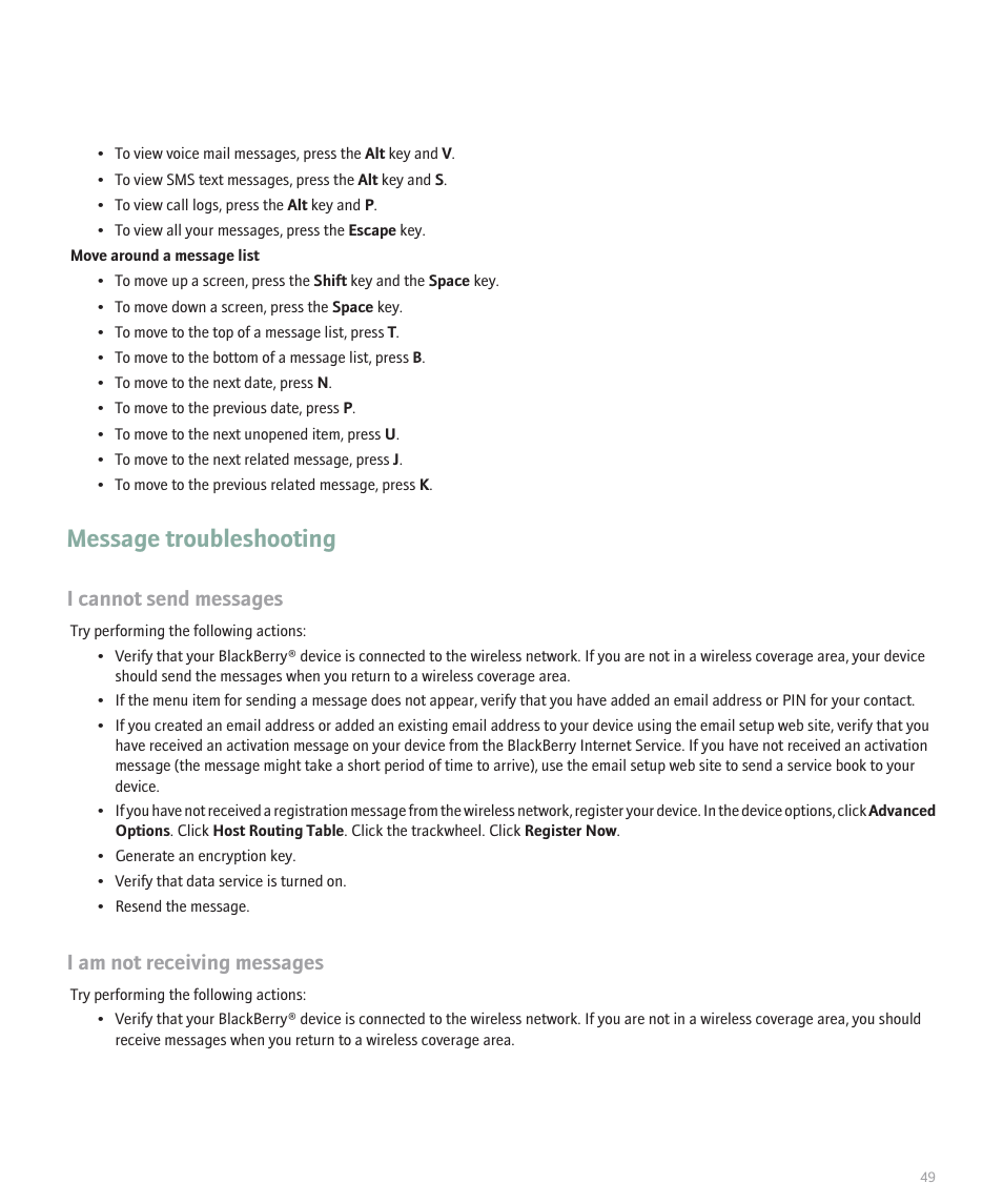 Message troubleshooting, I cannot send messages, I am not receiving messages | Blackberry 8707 User Manual | Page 51 / 323