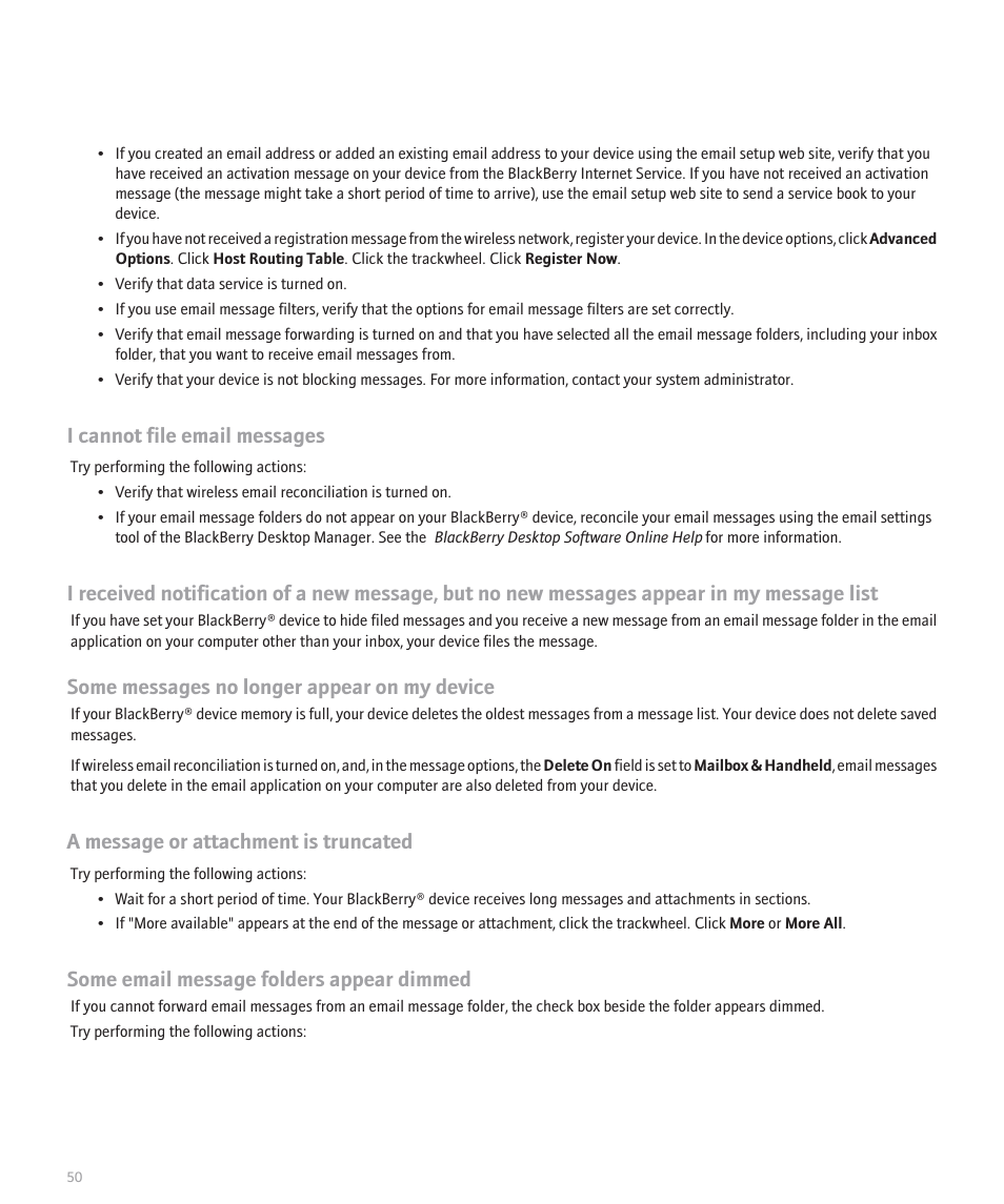 I cannot file email messages, Some messages no longer appear on my device, A message or attachment is truncated | Some email message folders appear dimmed | Blackberry 8707 User Manual | Page 52 / 323