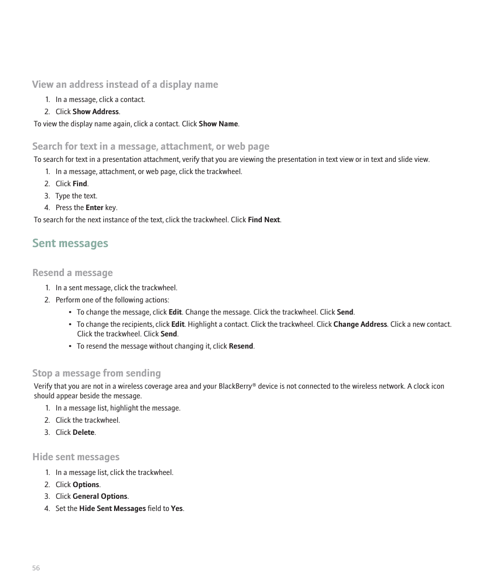 Sent messages, View an address instead of a display name, Resend a message | Stop a message from sending, Hide sent messages | Blackberry 8707 User Manual | Page 58 / 323
