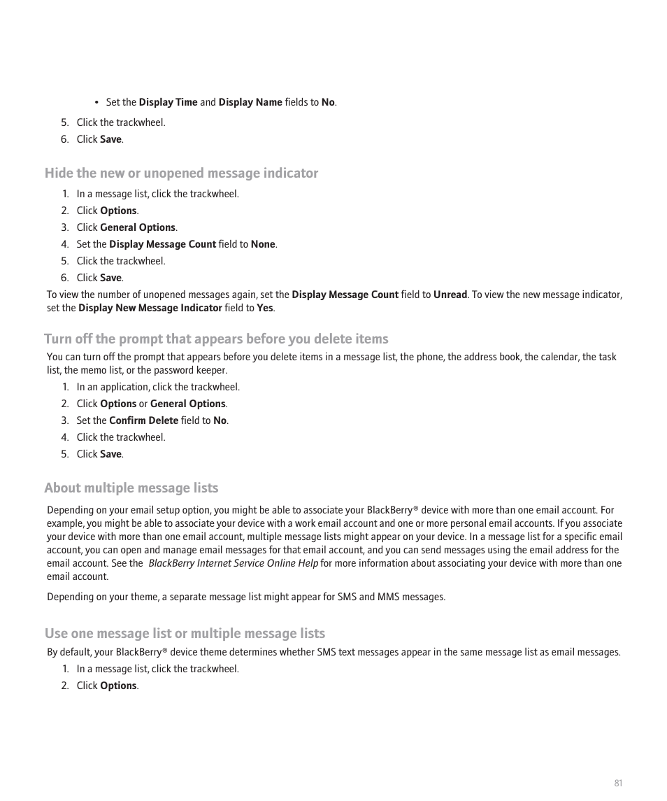 Hide the new or unopened message indicator, About multiple message lists, Use one message list or multiple message lists | Blackberry 8707 User Manual | Page 83 / 323