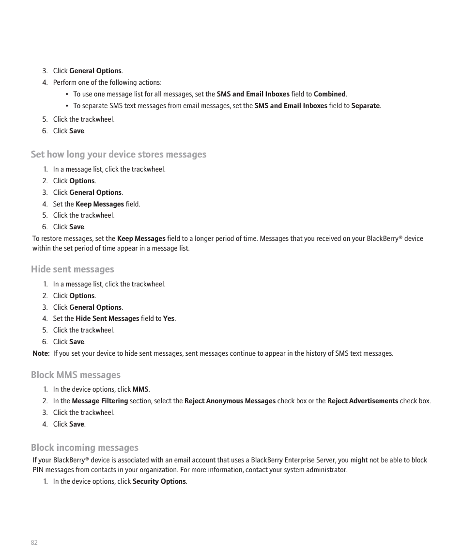 Set how long your device stores messages, Hide sent messages, Block mms messages | Block incoming messages | Blackberry 8707 User Manual | Page 84 / 323
