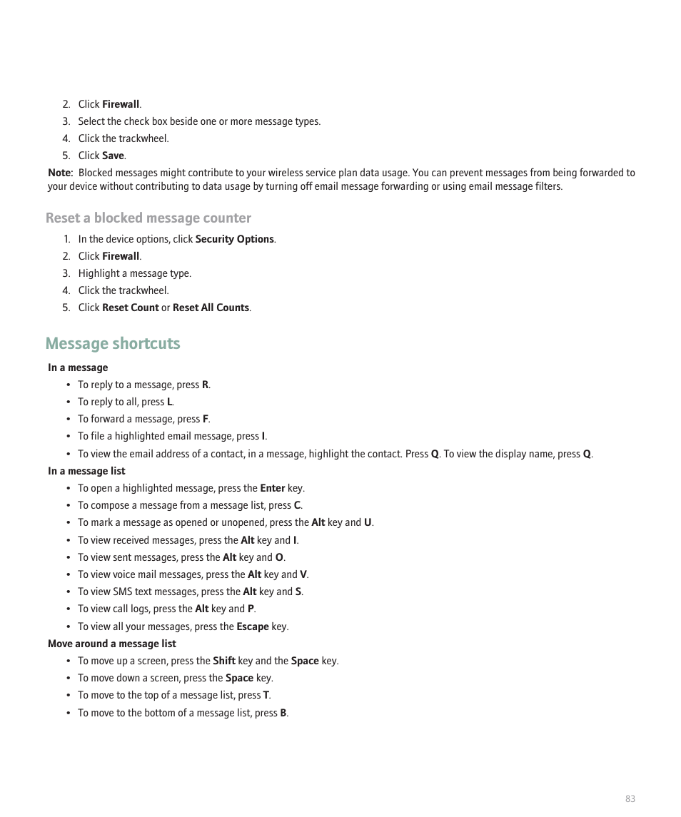Message shortcuts, Reset a blocked message counter | Blackberry 8707 User Manual | Page 85 / 323