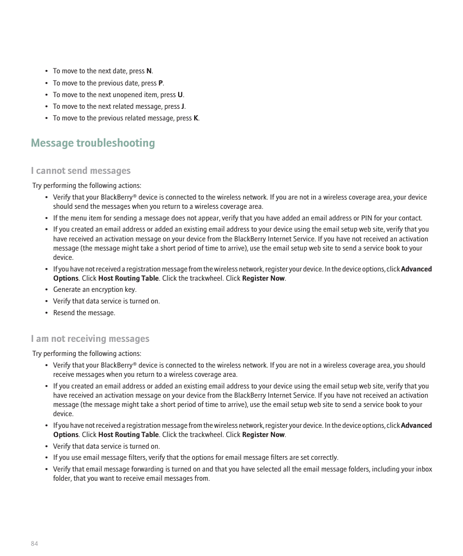 Message troubleshooting, I cannot send messages, I am not receiving messages | Blackberry 8707 User Manual | Page 86 / 323