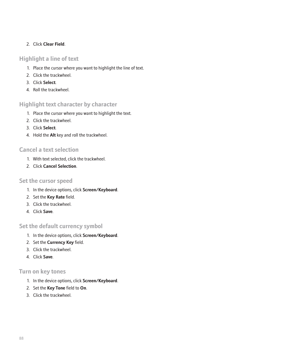 Highlight a line of text, Highlight text character by character, Cancel a text selection | Set the cursor speed, Set the default currency symbol, Turn on key tones | Blackberry 8707 User Manual | Page 90 / 323