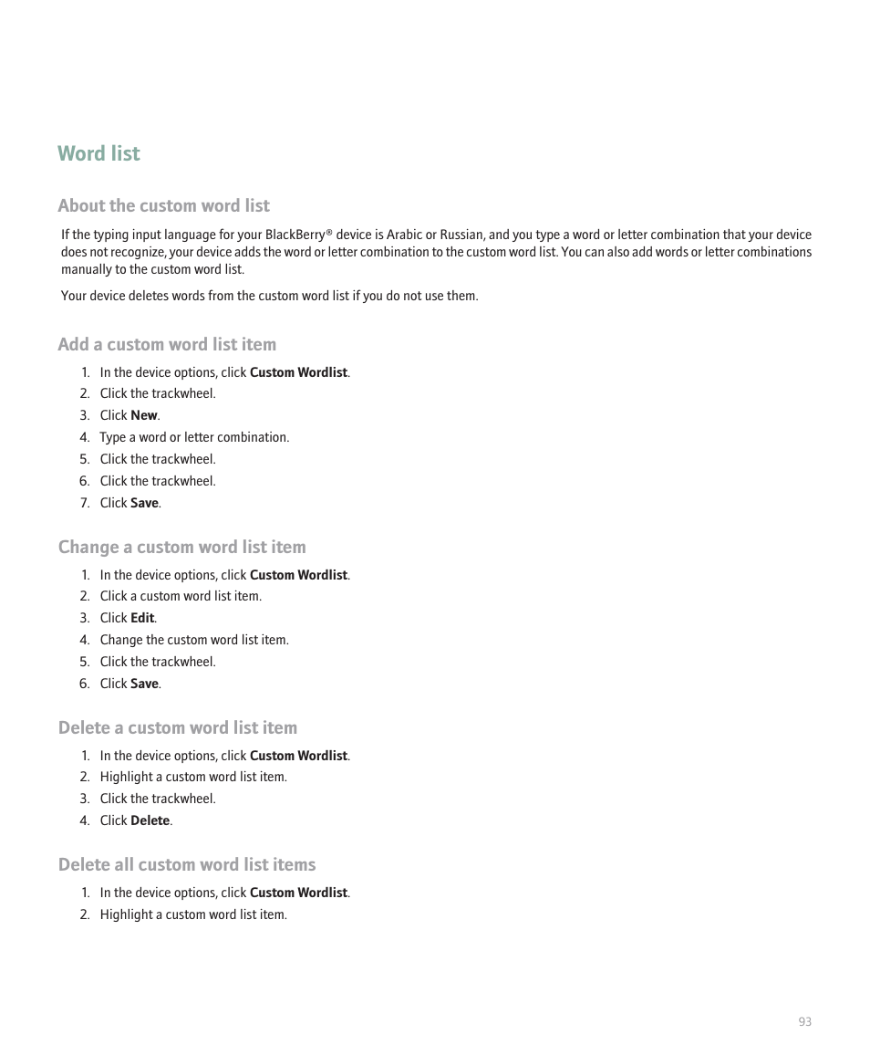 Word list, About the custom word list, Add a custom word list item | Change a custom word list item, Delete a custom word list item, Delete all custom word list items | Blackberry 8707 User Manual | Page 95 / 323