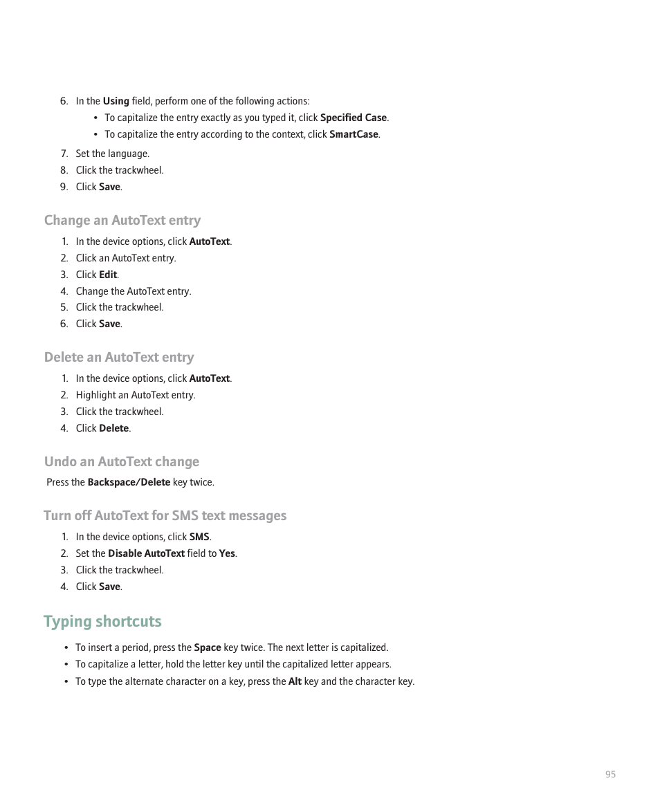 Typing shortcuts, Change an autotext entry, Delete an autotext entry | Undo an autotext change, Turn off autotext for sms text messages | Blackberry 8707 User Manual | Page 97 / 323