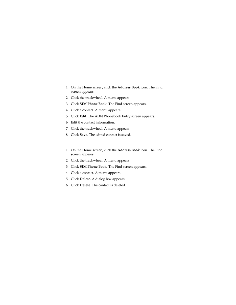 Edit a sim card contact, Delete a sim card contact | Blackberry 7230 User Manual | Page 45 / 152
