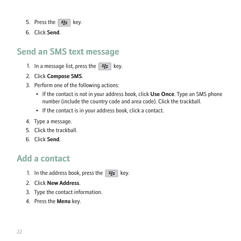 Send an sms text message, Add a contact | Blackberry 8820 User Manual | Page 24 / 44