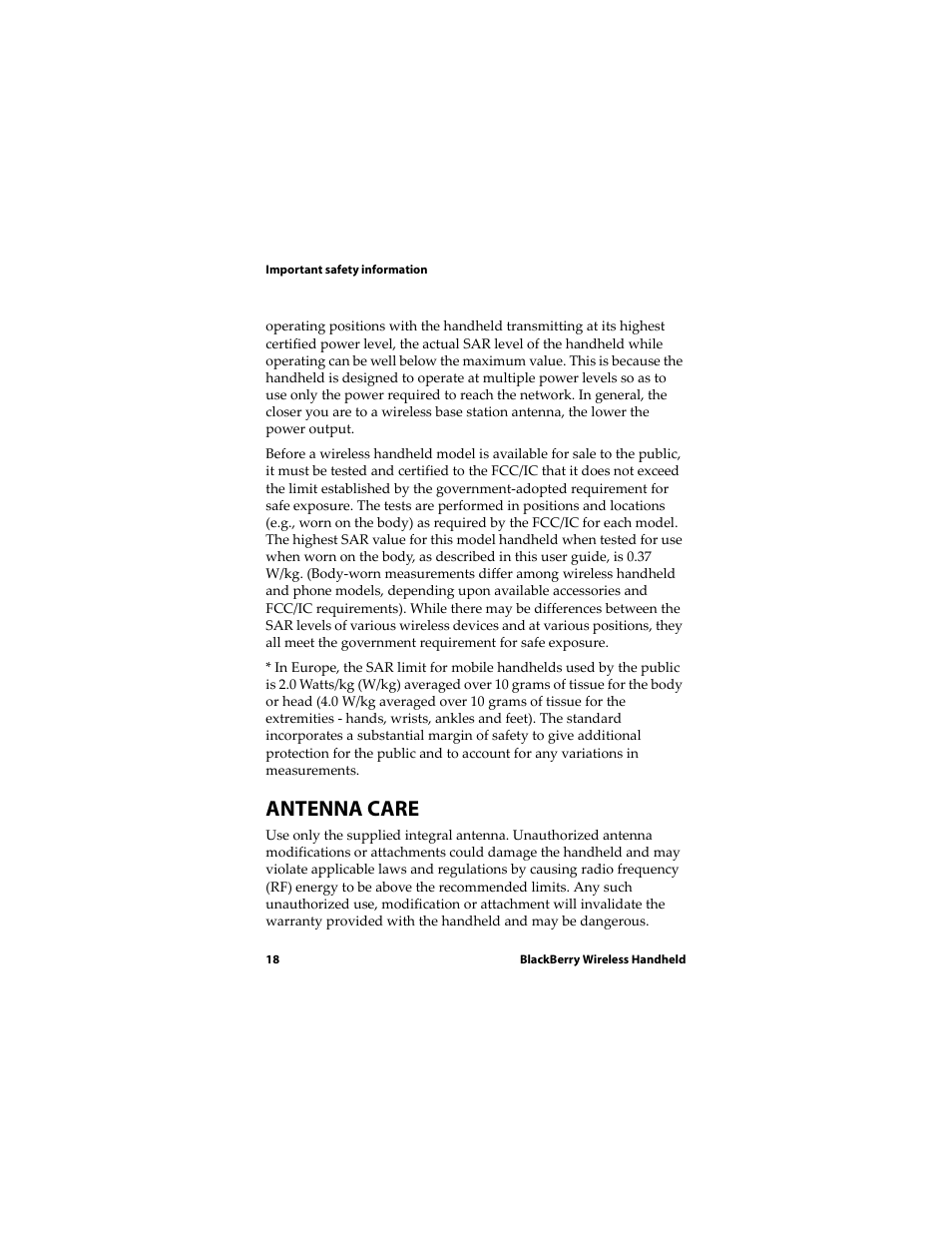 Antenna care | Blackberry RIM Wireless Handhelds 5810 User Manual | Page 18 / 76