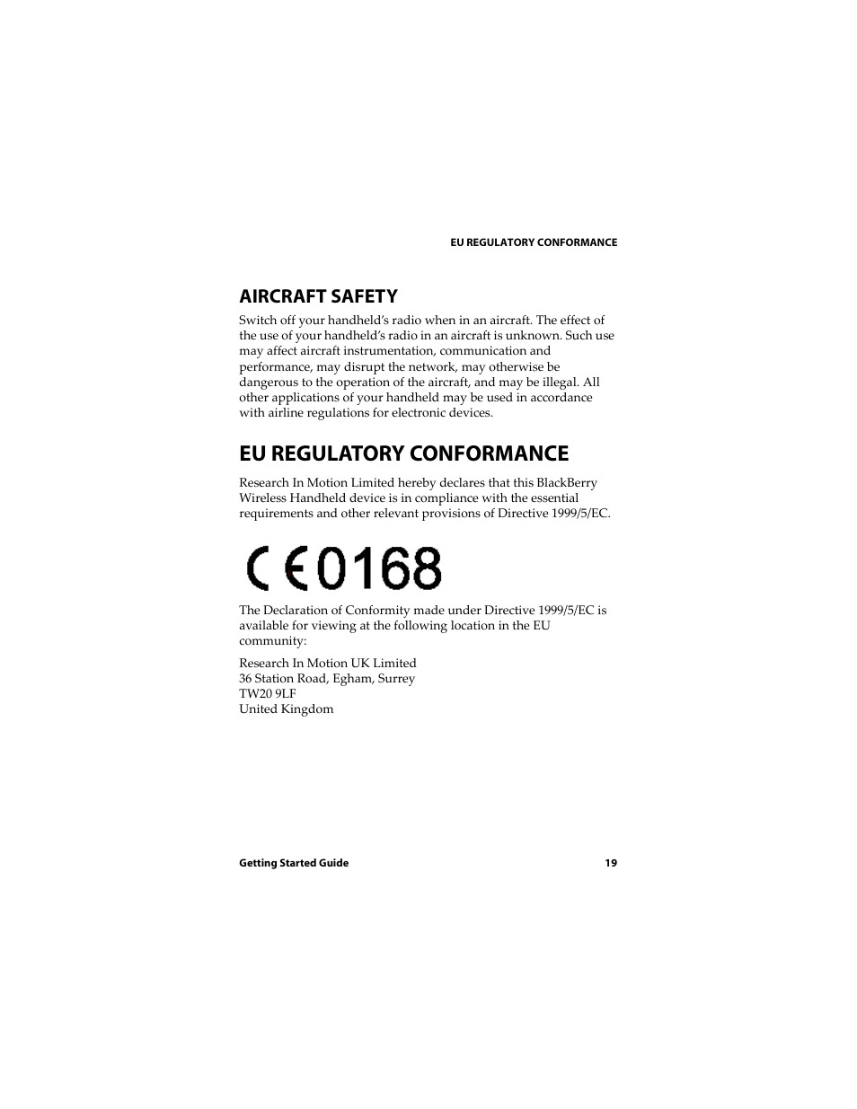 Eu regulatory conformance, Aircraft safety | Blackberry RIM Wireless Handhelds 5810 User Manual | Page 19 / 76