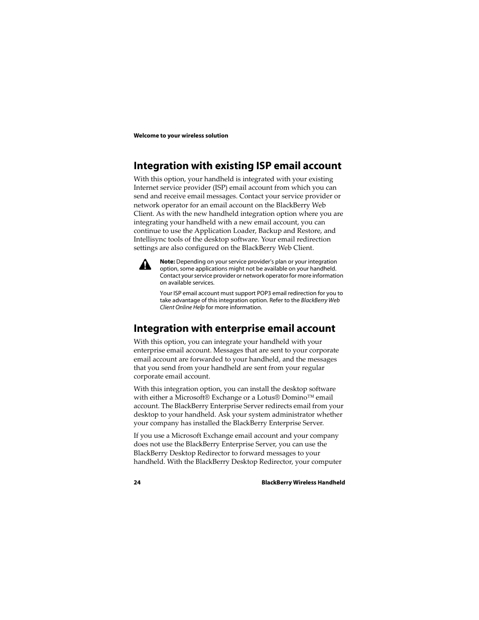 Integration with existing isp email account, Integration with enterprise email account | Blackberry RIM Wireless Handhelds 5810 User Manual | Page 24 / 76