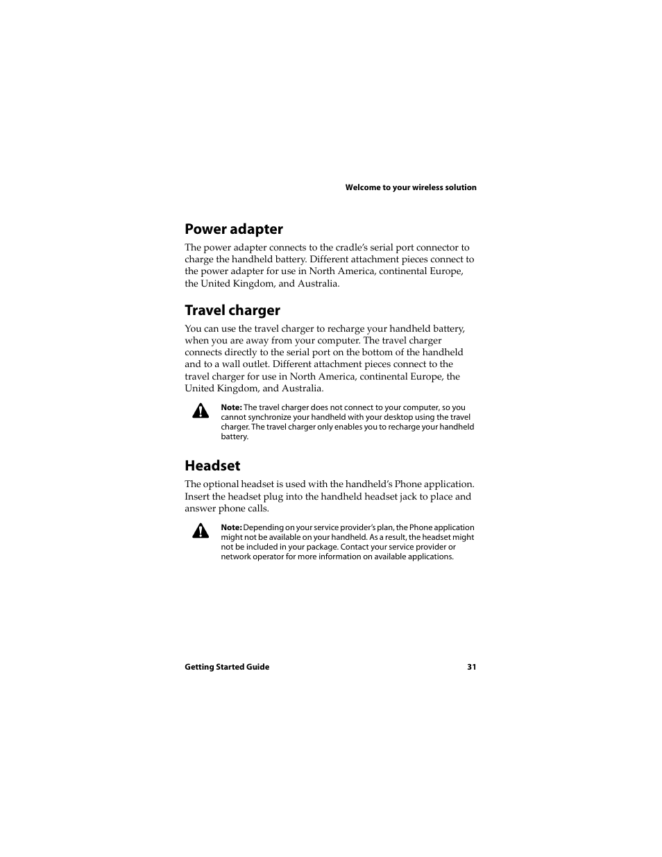 Power adapter, Travel charger, Headset | Blackberry RIM Wireless Handhelds 5810 User Manual | Page 31 / 76