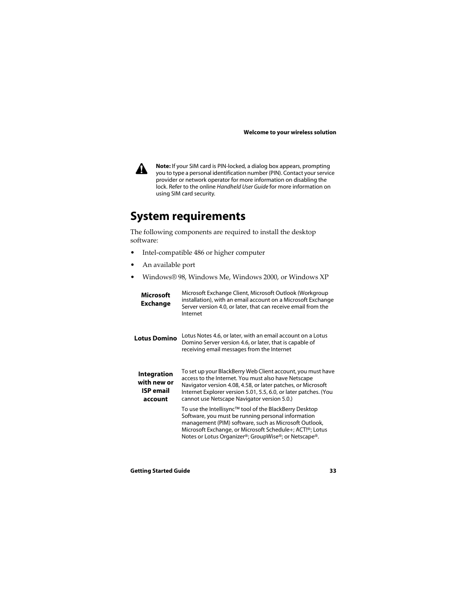 System requirements | Blackberry RIM Wireless Handhelds 5810 User Manual | Page 33 / 76