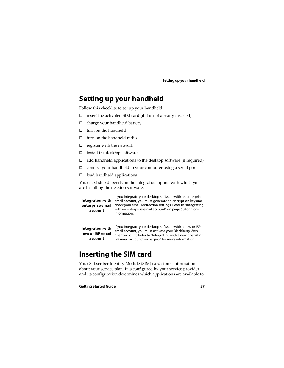 Setting up your handheld, Inserting the sim card, Setting up your handheld inserting the sim card | Blackberry RIM Wireless Handhelds 5810 User Manual | Page 37 / 76