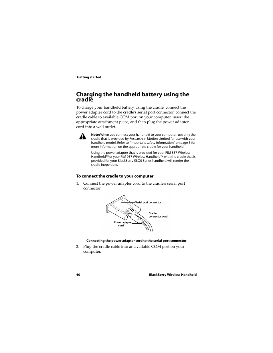 Charging the handheld battery using the cradle | Blackberry RIM Wireless Handhelds 5810 User Manual | Page 40 / 76
