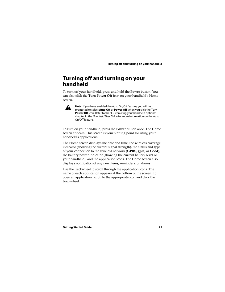 Turning off and turning on your handheld | Blackberry RIM Wireless Handhelds 5810 User Manual | Page 45 / 76