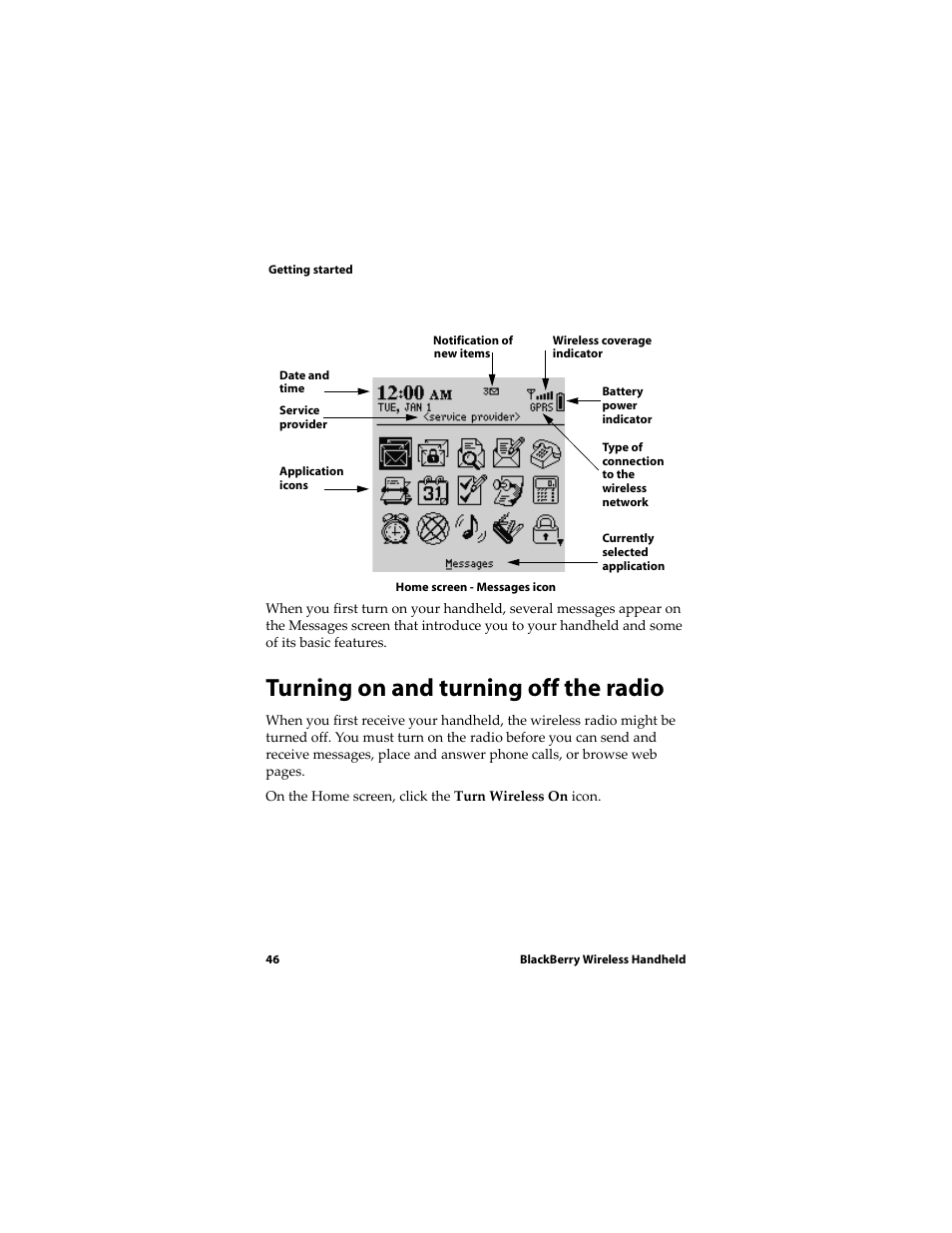 Turning on and turning off the radio | Blackberry RIM Wireless Handhelds 5810 User Manual | Page 46 / 76