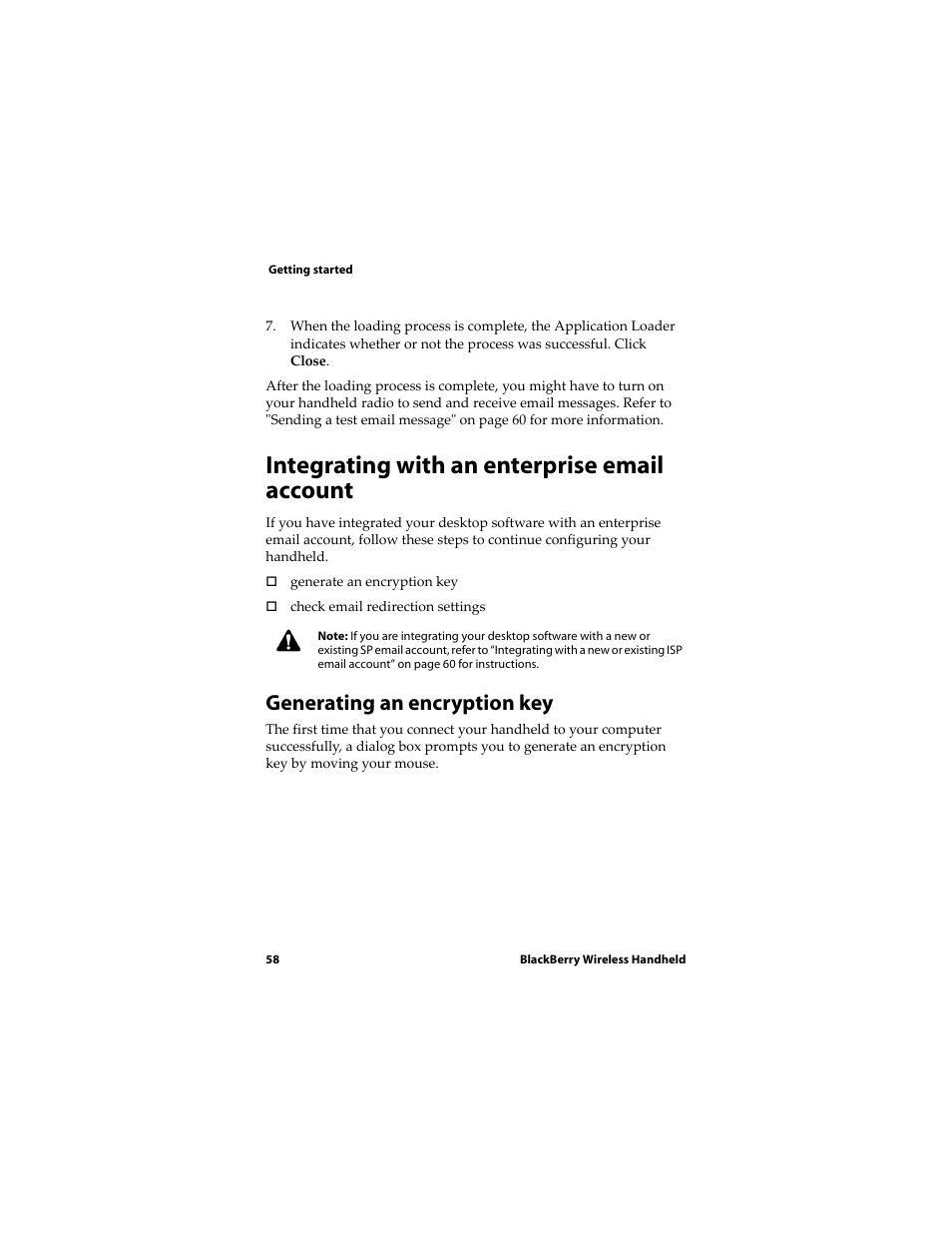 Integrating with an enterprise email account, Generating an encryption key | Blackberry RIM Wireless Handhelds 5810 User Manual | Page 58 / 76