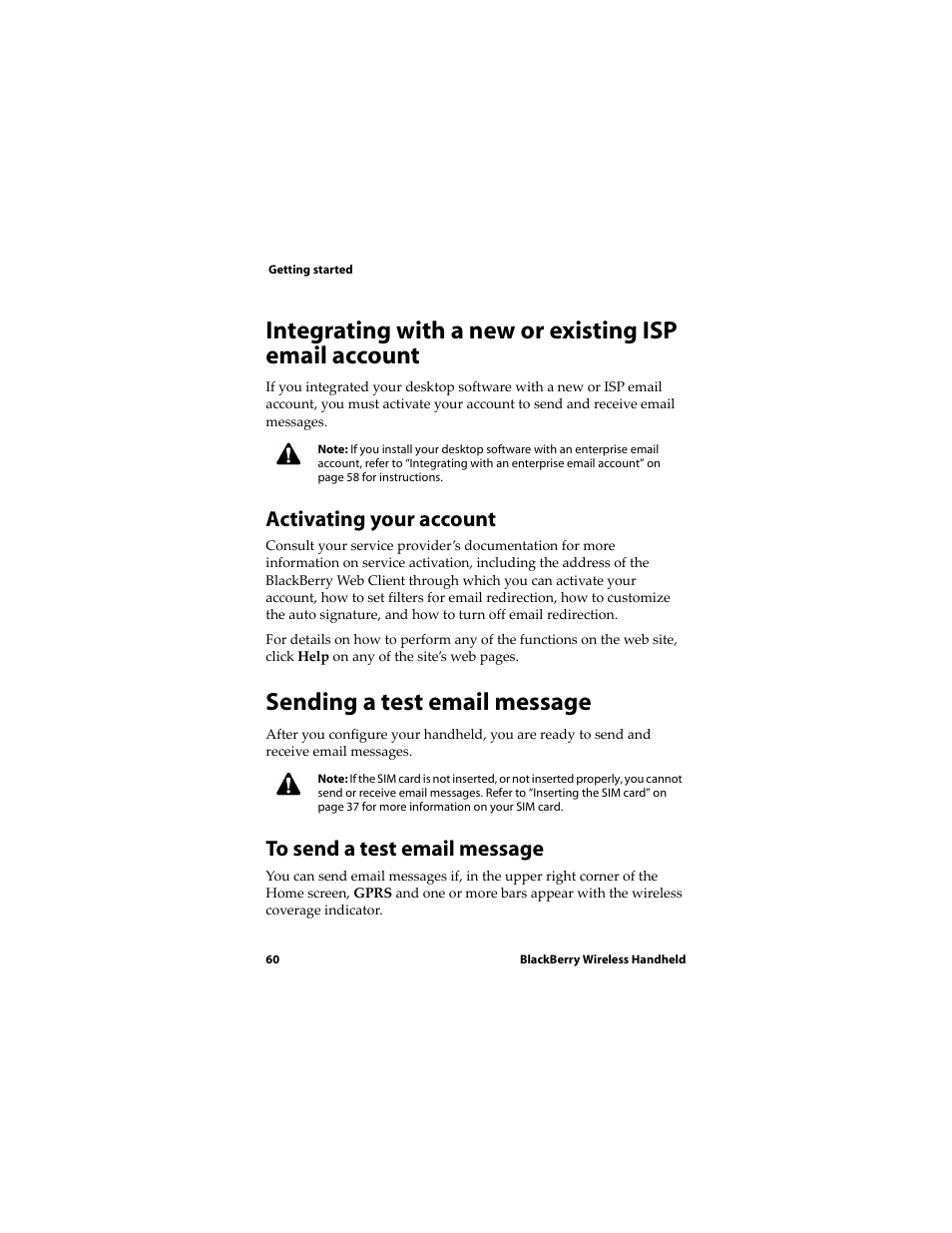 Sending a test email message, Activating your account | Blackberry RIM Wireless Handhelds 5810 User Manual | Page 60 / 76
