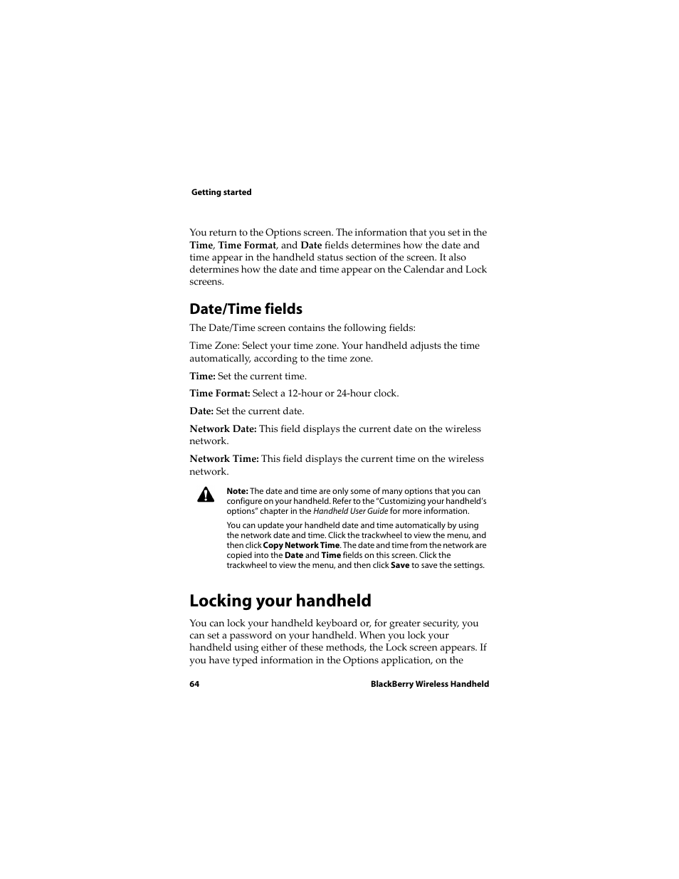 Locking your handheld, Date/time fields | Blackberry RIM Wireless Handhelds 5810 User Manual | Page 64 / 76