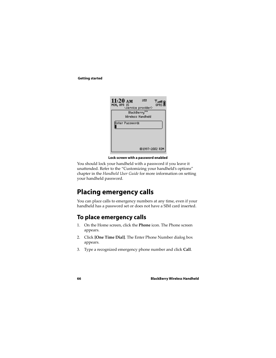 Placing emergency calls | Blackberry RIM Wireless Handhelds 5810 User Manual | Page 66 / 76