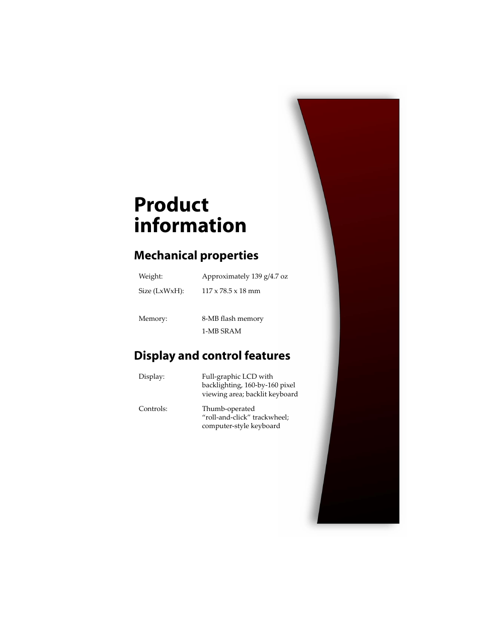 Product information, Mechanical properties, Display and control features | Mechanical properties display and control features | Blackberry RIM Wireless Handhelds 5810 User Manual | Page 69 / 76