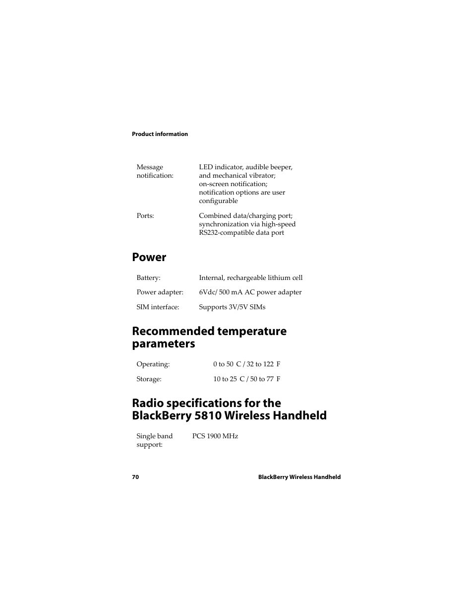 Power, Recommended temperature parameters | Blackberry RIM Wireless Handhelds 5810 User Manual | Page 70 / 76