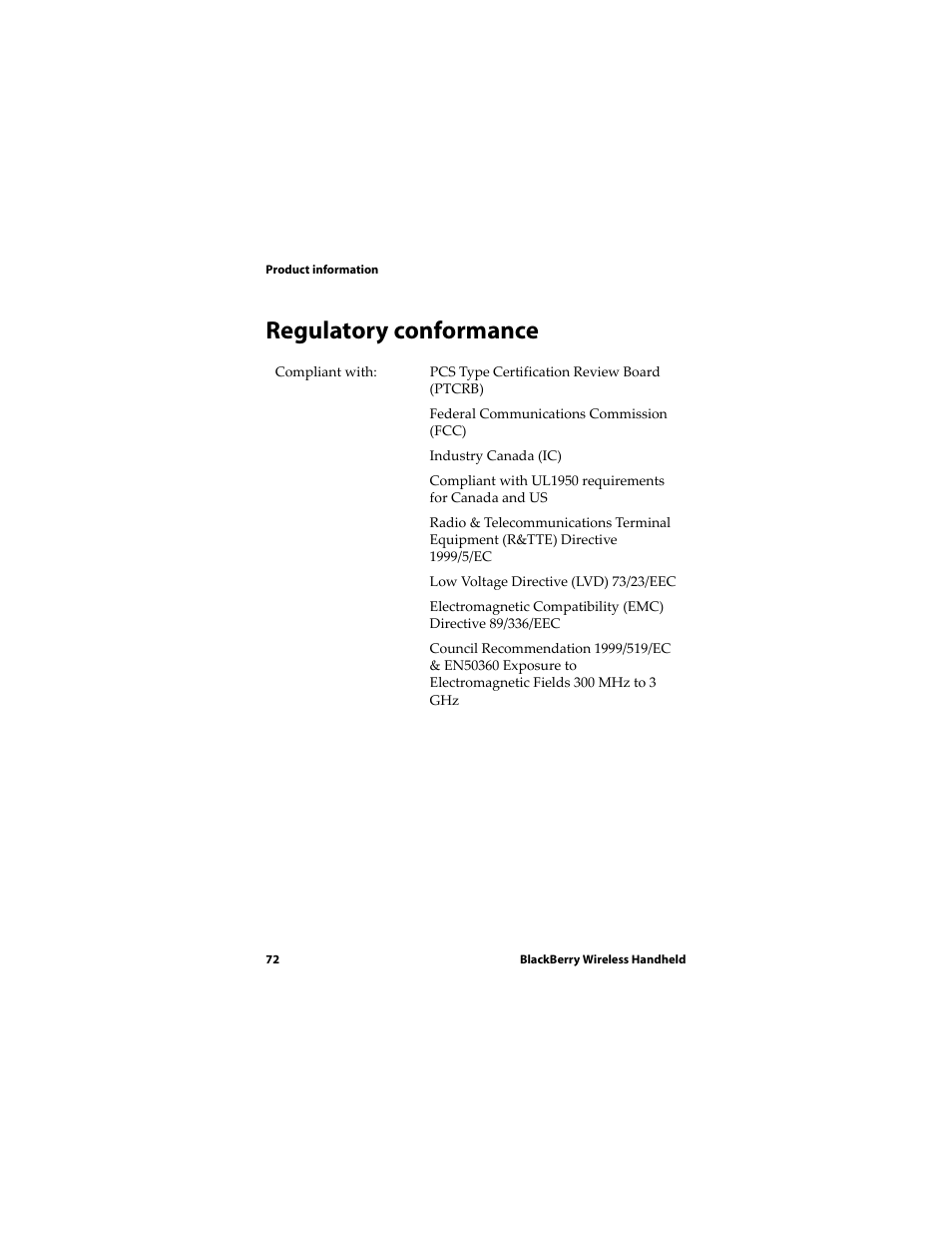 Regulatory conformance | Blackberry RIM Wireless Handhelds 5810 User Manual | Page 72 / 76