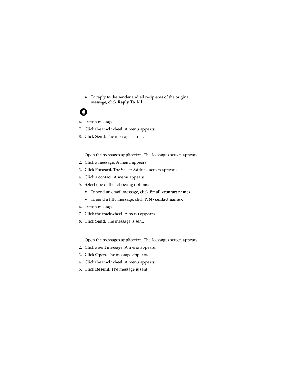 Forward a message, Resend a message | Blackberry 6280 User Manual | Page 14 / 152
