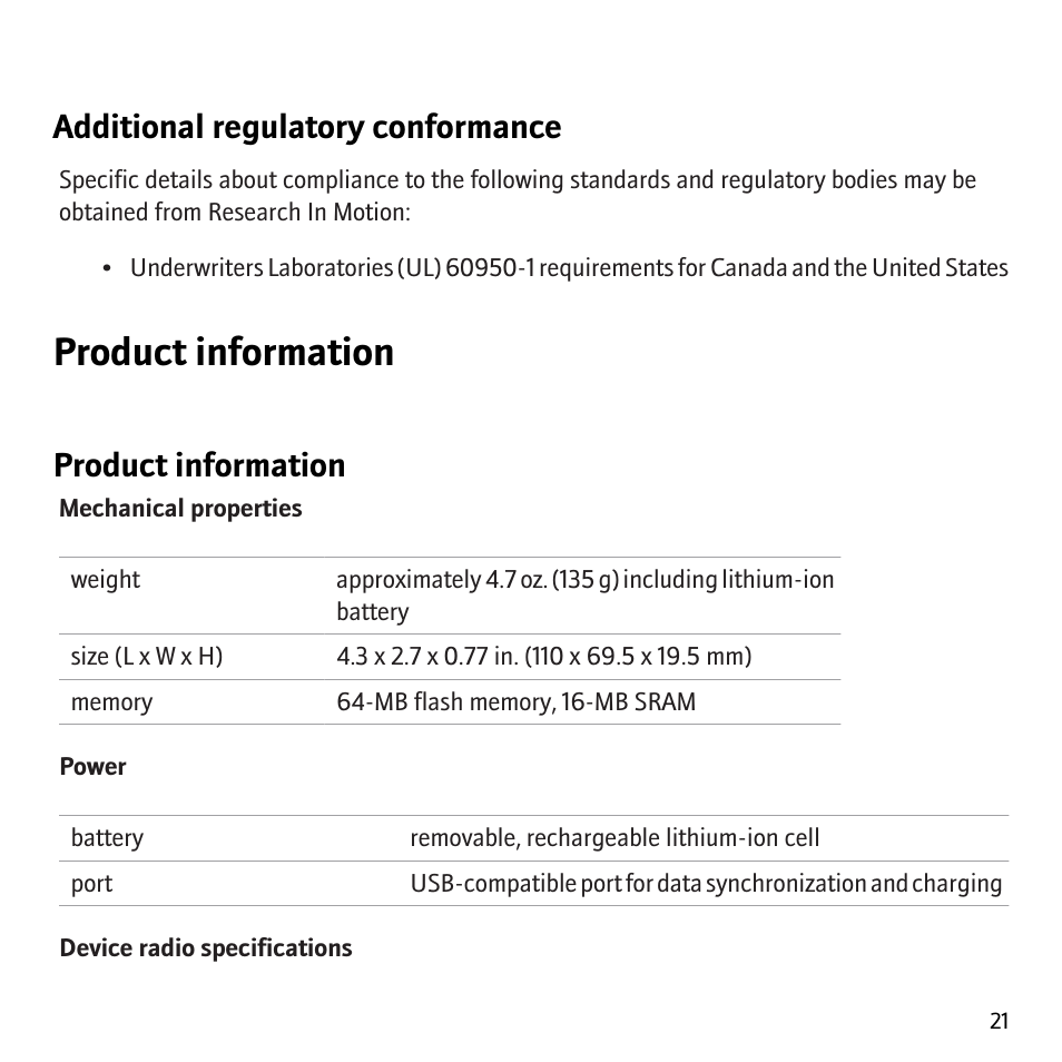 Product information, Additional regulatory conformance | Blackberry 8703e User Manual | Page 23 / 30