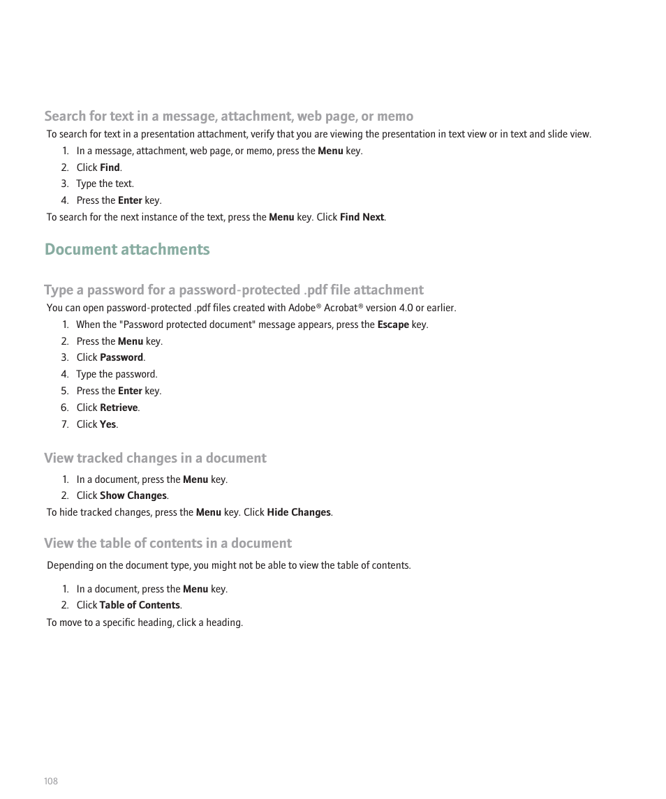 Document attachments, View tracked changes in a document, View the table of contents in a document | Blackberry 8100 User Manual | Page 110 / 262