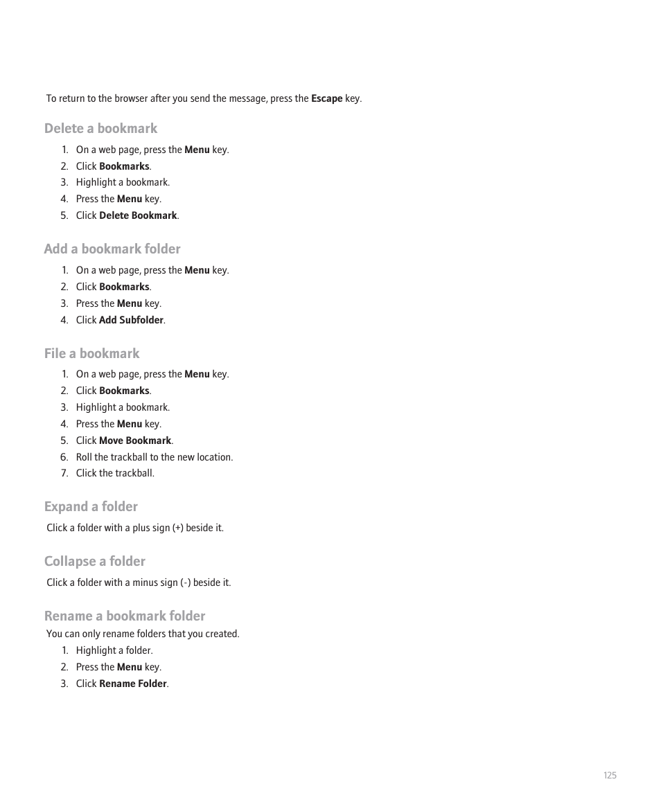 Delete a bookmark, Add a bookmark folder, File a bookmark | Expand a folder, Collapse a folder, Rename a bookmark folder | Blackberry 8100 User Manual | Page 127 / 262