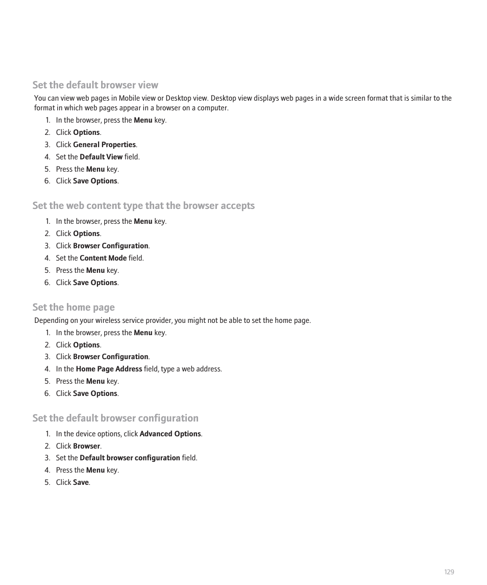 Set the default browser view, Set the web content type that the browser accepts, Set the home page | Set the default browser configuration | Blackberry 8100 User Manual | Page 131 / 262