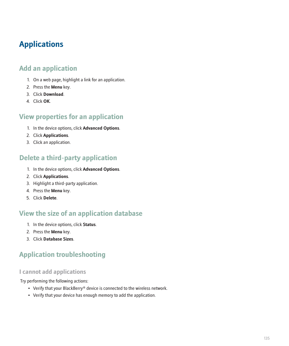 Applications, Add an application, View properties for an application | Delete a third-party application, View the size of an application database, Application troubleshooting | Blackberry 8100 User Manual | Page 137 / 262