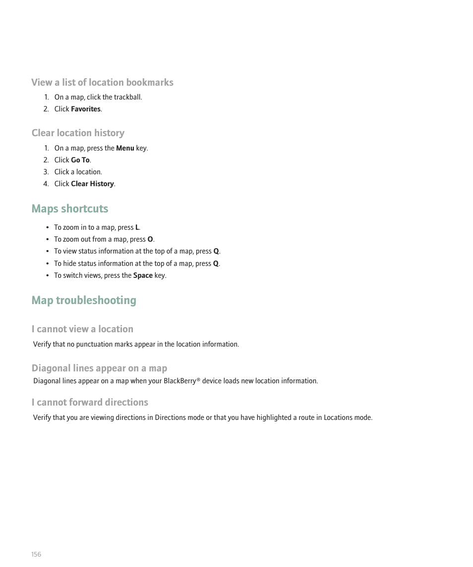Maps shortcuts, Map troubleshooting | Blackberry 8100 User Manual | Page 158 / 262