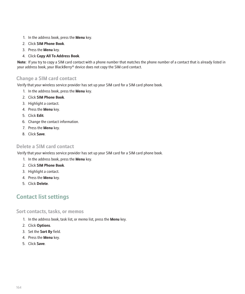 Contact list settings, Change a sim card contact, Delete a sim card contact | Blackberry 8100 User Manual | Page 166 / 262
