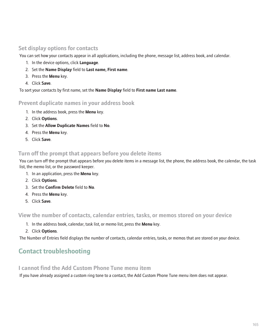 Contact troubleshooting, Set display options for contacts, Prevent duplicate names in your address book | I cannot find the add custom phone tune menu item | Blackberry 8100 User Manual | Page 167 / 262