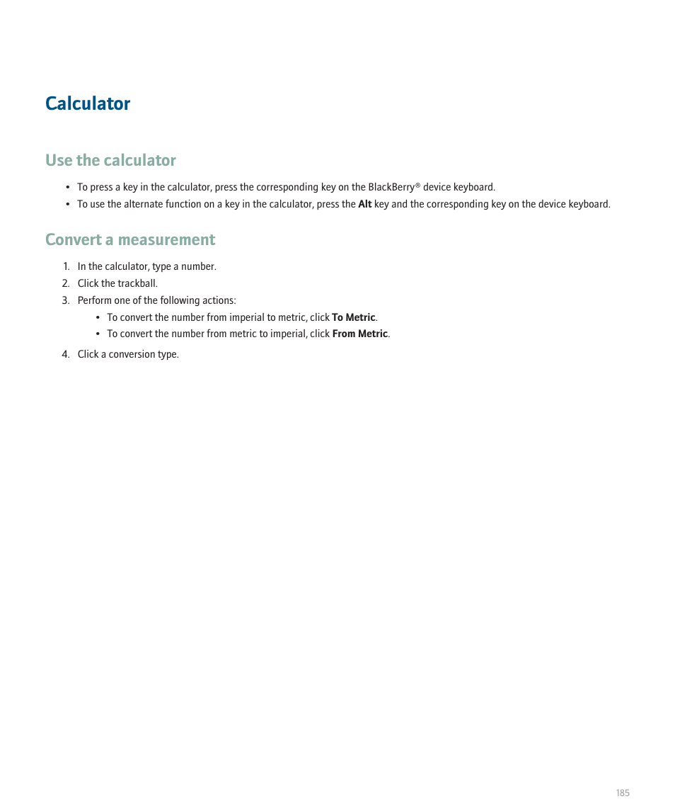 Calculator, Use the calculator, Convert a measurement | Blackberry 8100 User Manual | Page 187 / 262