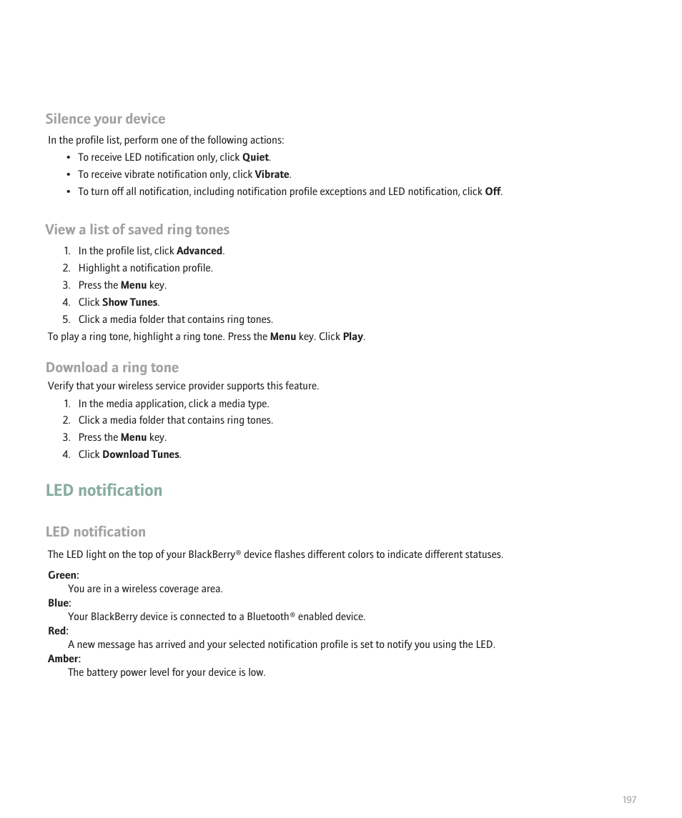 Led notification, Silence your device, View a list of saved ring tones | Download a ring tone | Blackberry 8100 User Manual | Page 199 / 262