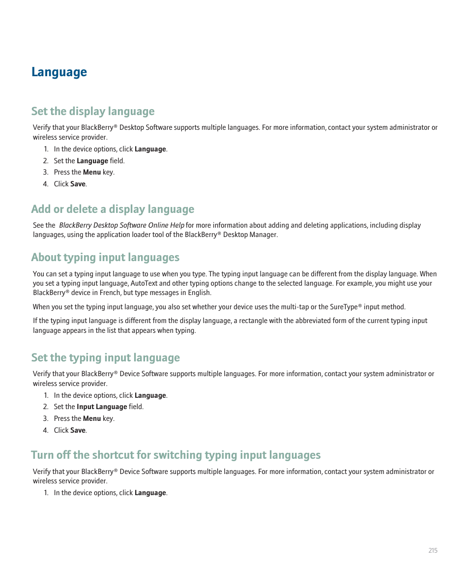 Language, Set the display language, Add or delete a display language | About typing input languages, Set the typing input language | Blackberry 8100 User Manual | Page 217 / 262