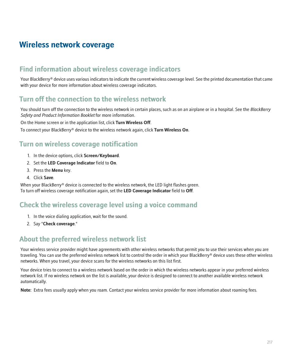 Wireless network coverage, Turn off the connection to the wireless network, Turn on wireless coverage notification | About the preferred wireless network list | Blackberry 8100 User Manual | Page 219 / 262