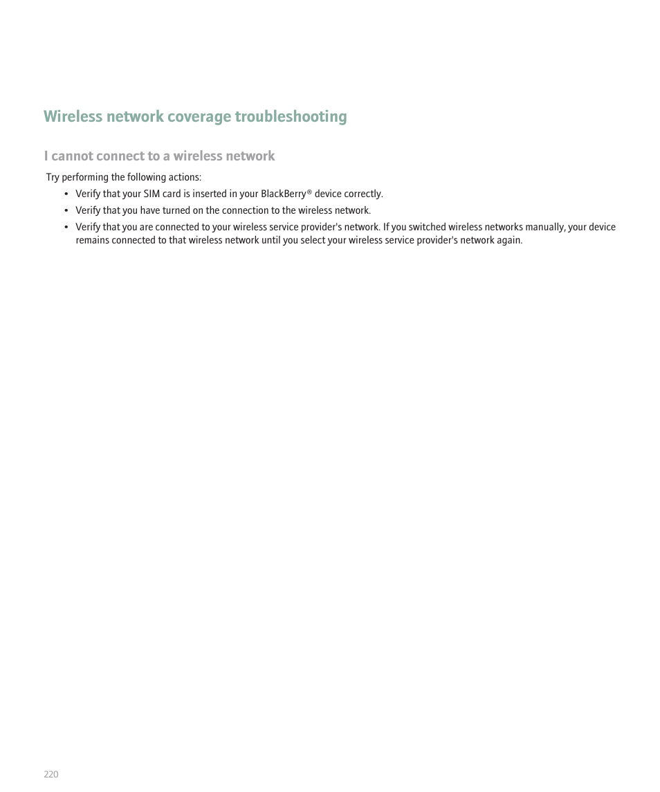 Wireless network coverage troubleshooting, I cannot connect to a wireless network | Blackberry 8100 User Manual | Page 222 / 262