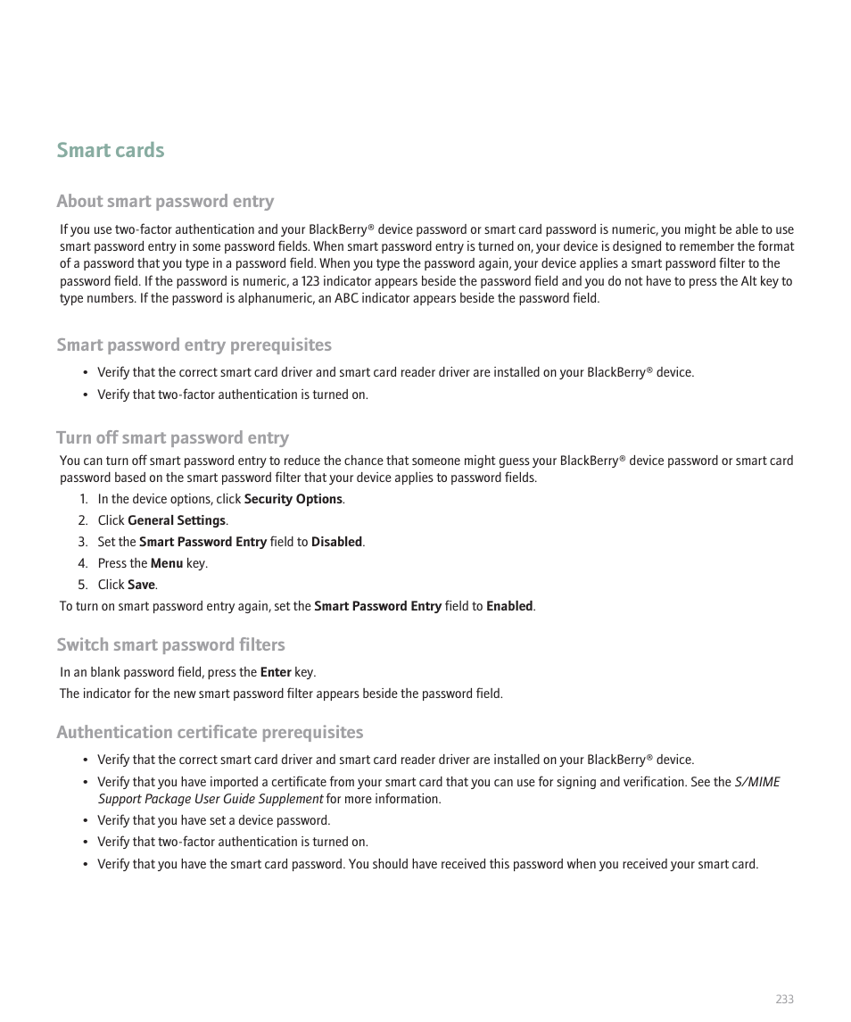 Smart cards, About smart password entry, Smart password entry prerequisites | Turn off smart password entry, Switch smart password filters, Authentication certificate prerequisites | Blackberry 8100 User Manual | Page 235 / 262